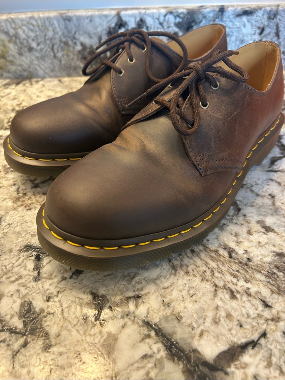 Dr. Martens Brown Leather Derby Shoes with Yellow Stitching